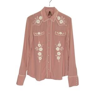 Stetson Antique Pink Rayon Crepe Western Style Snap Front Blouse Boyfriend Fit S